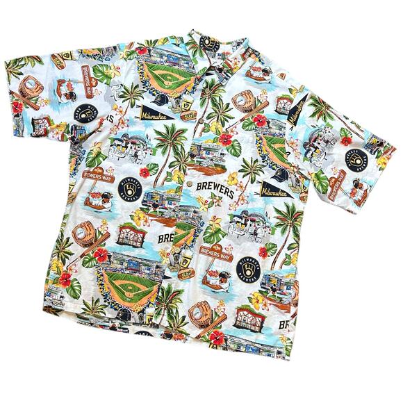 Reyn Spooner Milwaukee Brewers Scenic Button Hawaiian Shirt Men's Size 2XL XXL - Picture 1 of 7